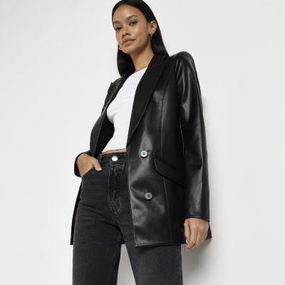 Black faux leather blazer | River Island