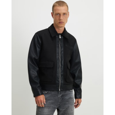 Black Faux Leather Blocked Harrington Jacket