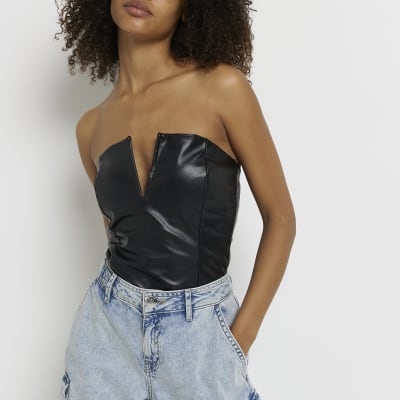 Black faux leather bodysuit