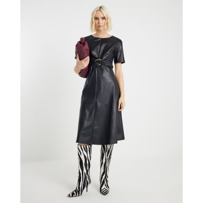 Black Faux Leather Buckle Detail Swing Dress