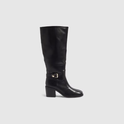Black Faux Leather Buckle High Leg Boots