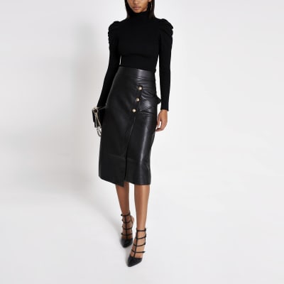 black leather midi skirt