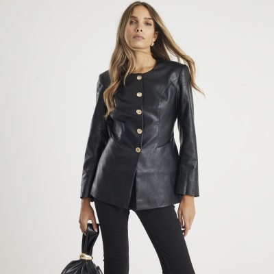 Black Faux Leather Button Collarless Jacket