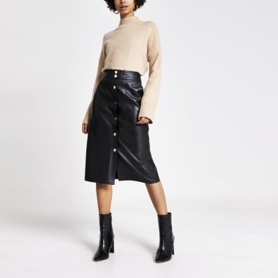 Black faux leather button front midi skirt | River Island