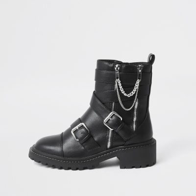 Black faux leather chain buckle boots | River Island