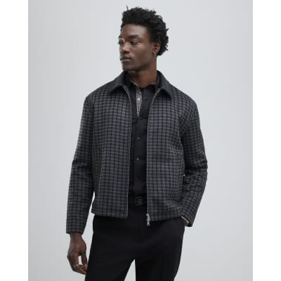Black Faux Leather Check Collared Jacket