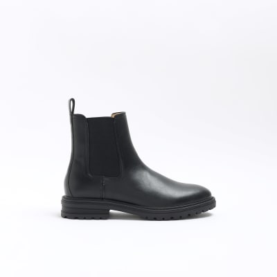 Black faux leather chelsea boots | River Island