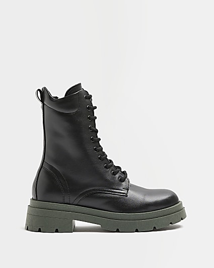 Black faux leather chunky biker boots