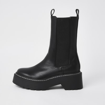 Black faux leather chunky boots | River Island