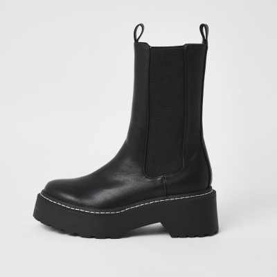 Black Faux Leather Chunky Boots River Island 0166