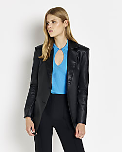 Black faux leather cinched blazer