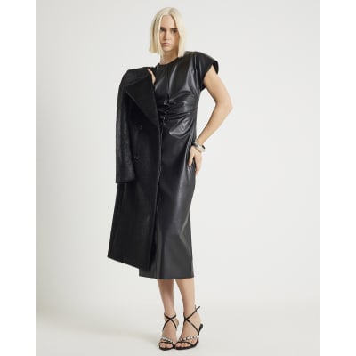Black Faux Leather Cinched Waist Midi Dress