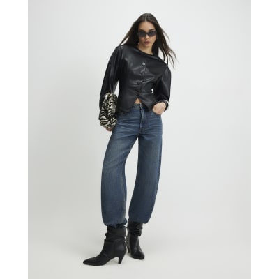 Black Faux Leather Collarless Fitted Shirt