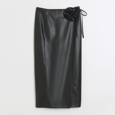 Black Faux Leather Corsage Midi Skirt River Island 