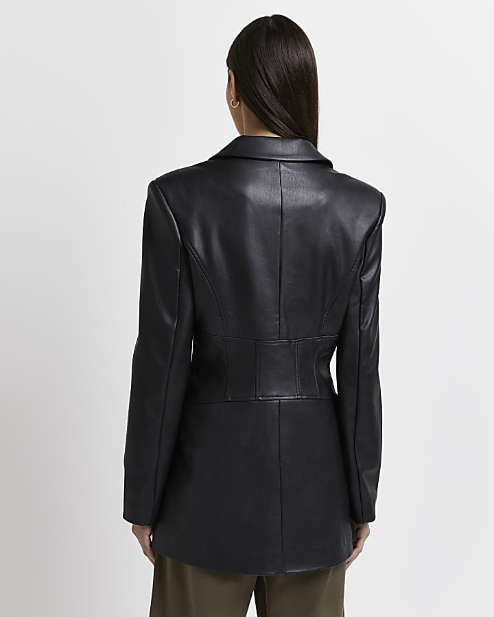 Black faux leather corset blazer