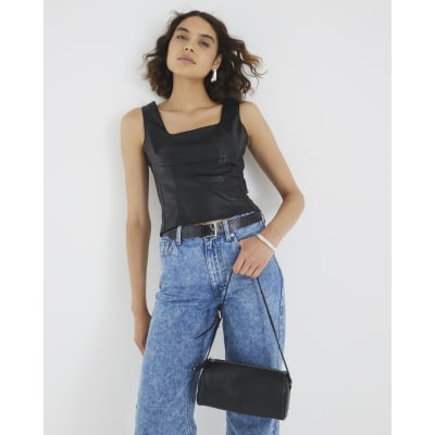 Black Faux Leather Corset Top River Island