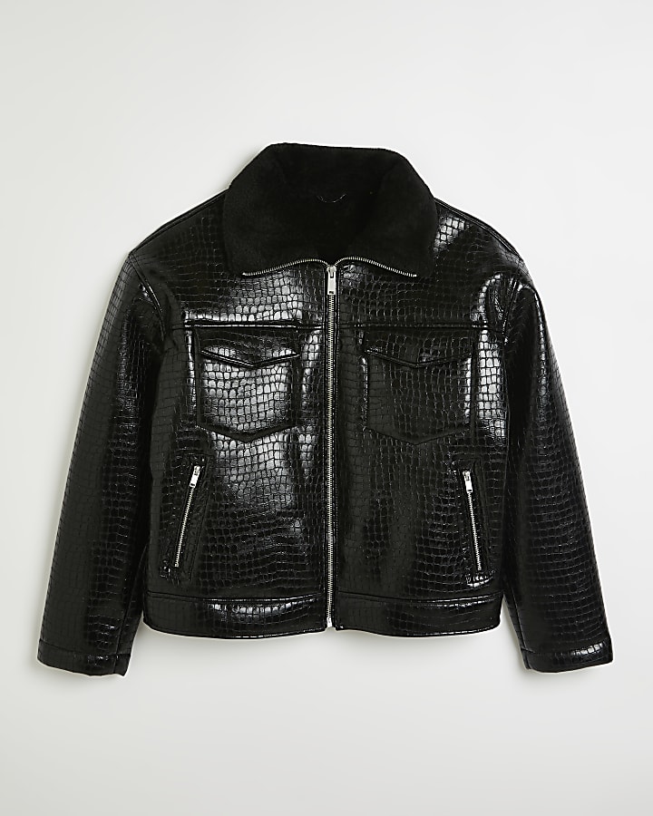 Black Faux leather Croc embossed Jacket