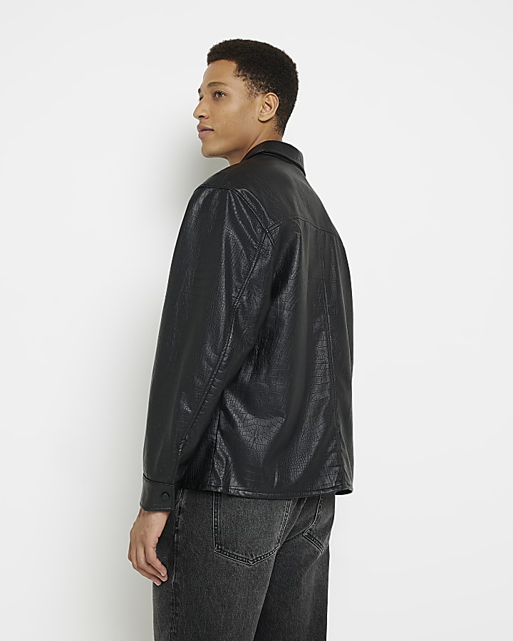 Black Faux leather Croc embossed shacket