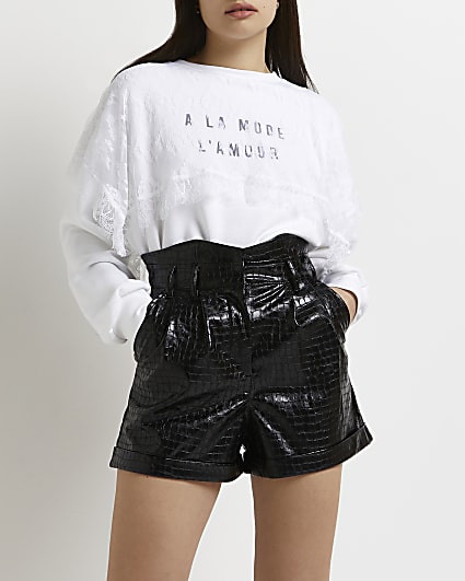 Black faux leather croc embossed shorts
