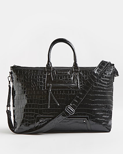 Black faux leather croc embossed weekend bag