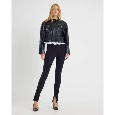 Black Faux Leather Croc Print Peplum Jacket