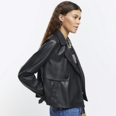 Black faux leather crop trench coat | River Island