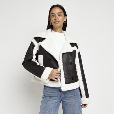black short faux fur padded puffer jacket river island