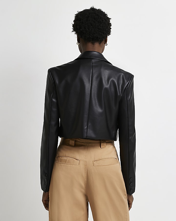 Black faux leather cropped blazer