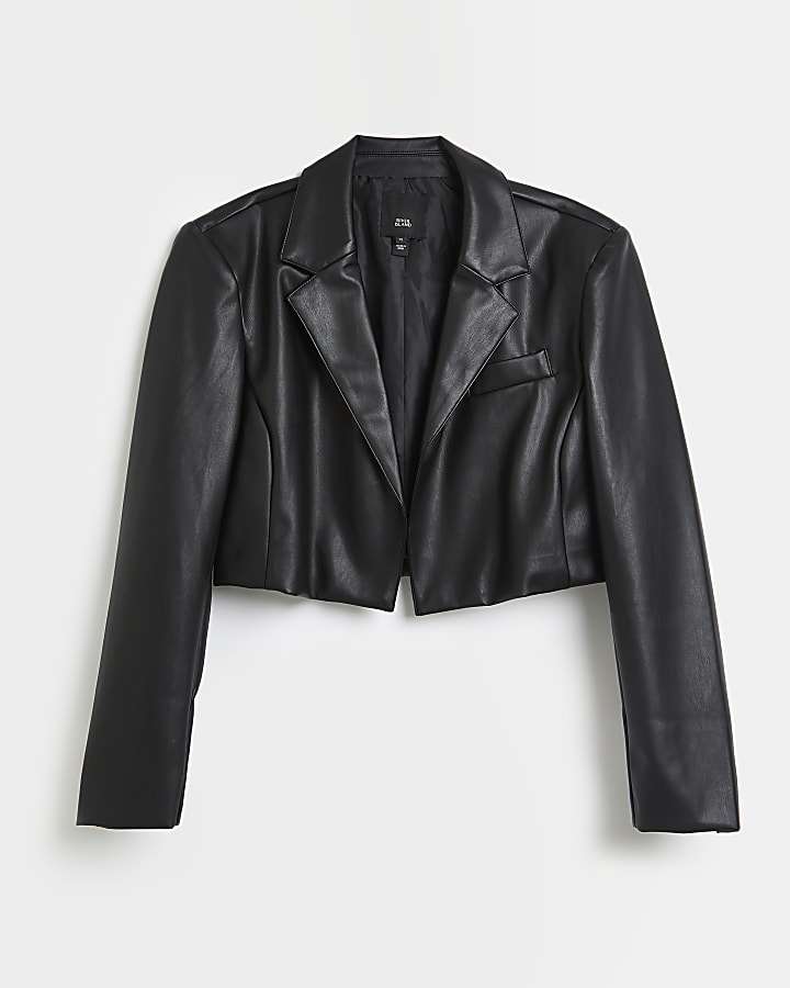 Black faux leather cropped blazer