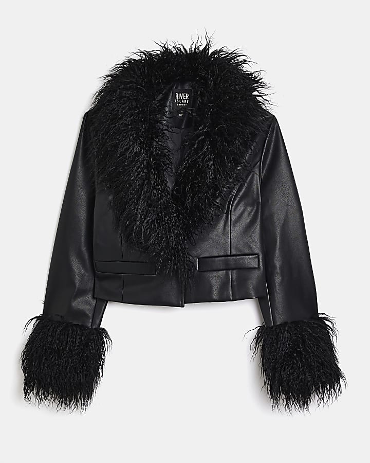 Black faux leather cropped jacket