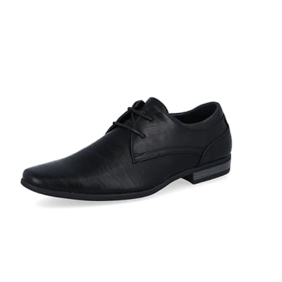 360 degree animation of product Black faux leather derby shoes frame-1