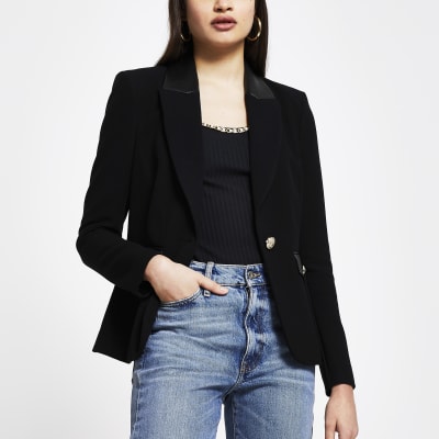 Black faux leather detail fitted blazer | River Island