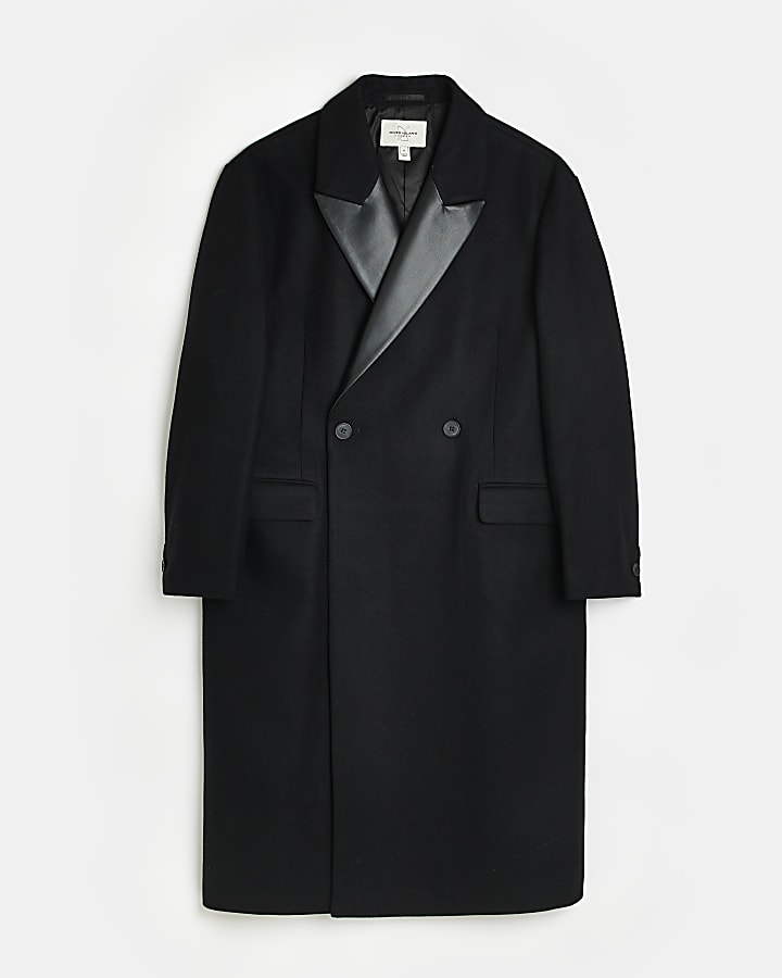 Black faux leather detail longline overcoat