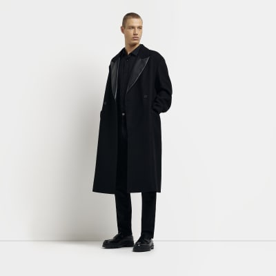 Black faux leather detail longline overcoat | River Island