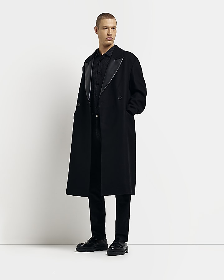Black faux leather detail longline overcoat