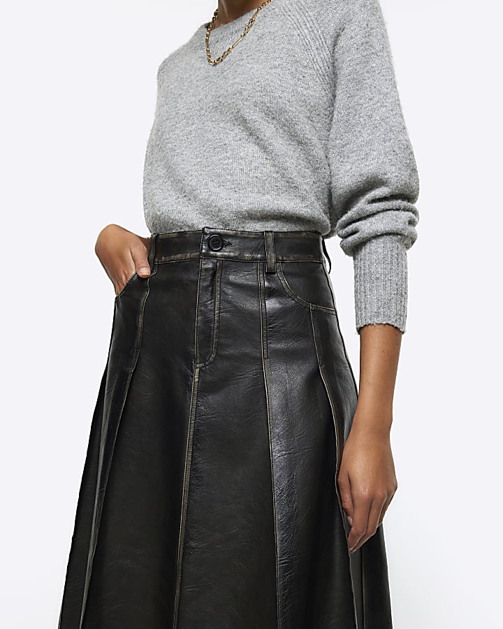 Black faux leather distressed midi skirt | River Island
