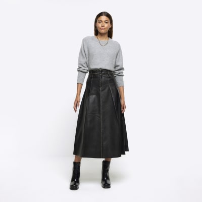 Black faux leather distressed midi skirt | River Island