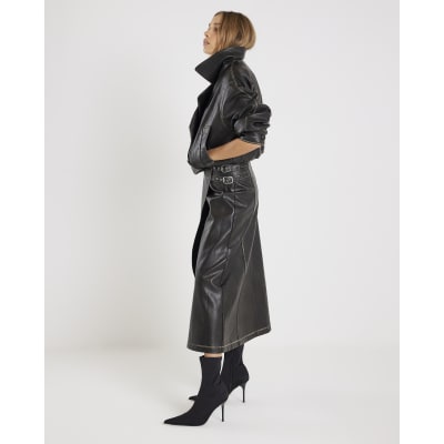 Black Faux Leather Distressed Wrap Midi Skirt