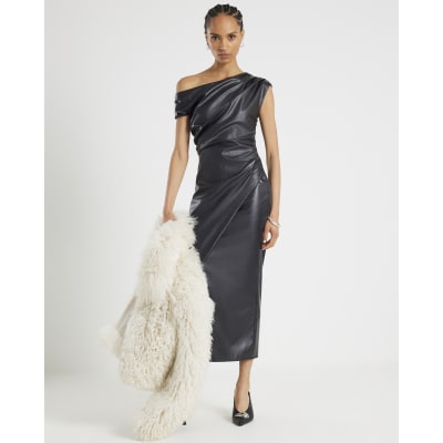 Black Faux Leather Drape Midi Dress
