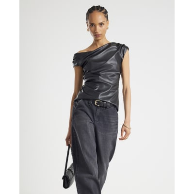 Black Faux Leather Drape Top