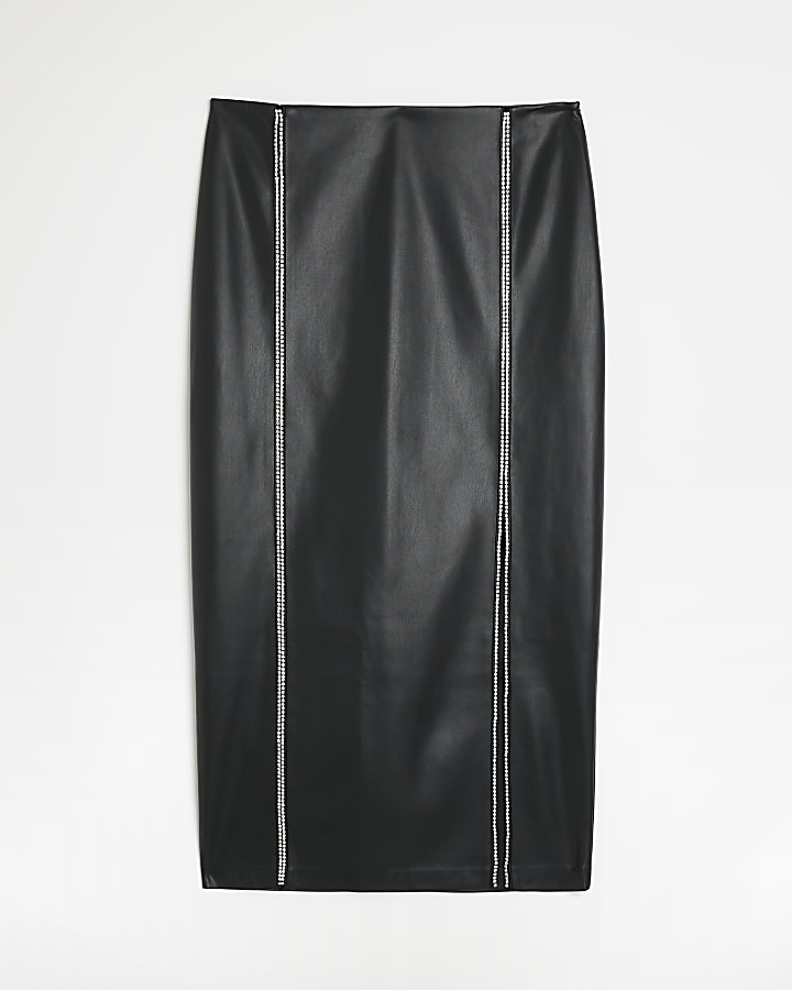 Black faux leather embellished midi skirt