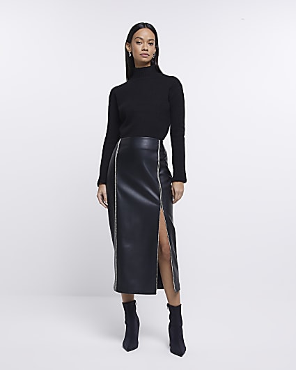 Black faux leather embellished midi skirt