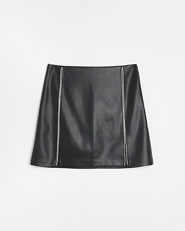 Black faux leather embellished mini skirt