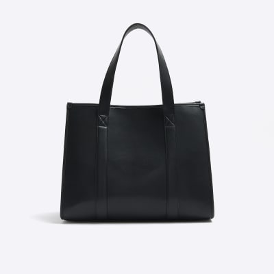 Black faux leather embossed shopper bag River Island