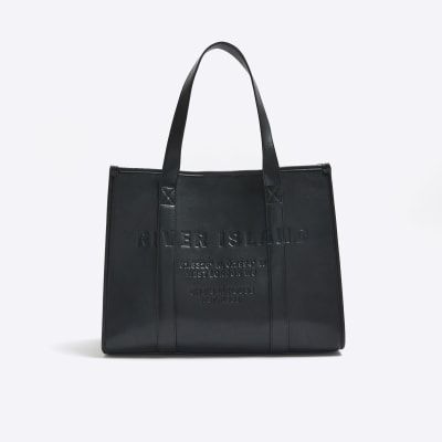 Black faux leather embossed shopper bag River Island