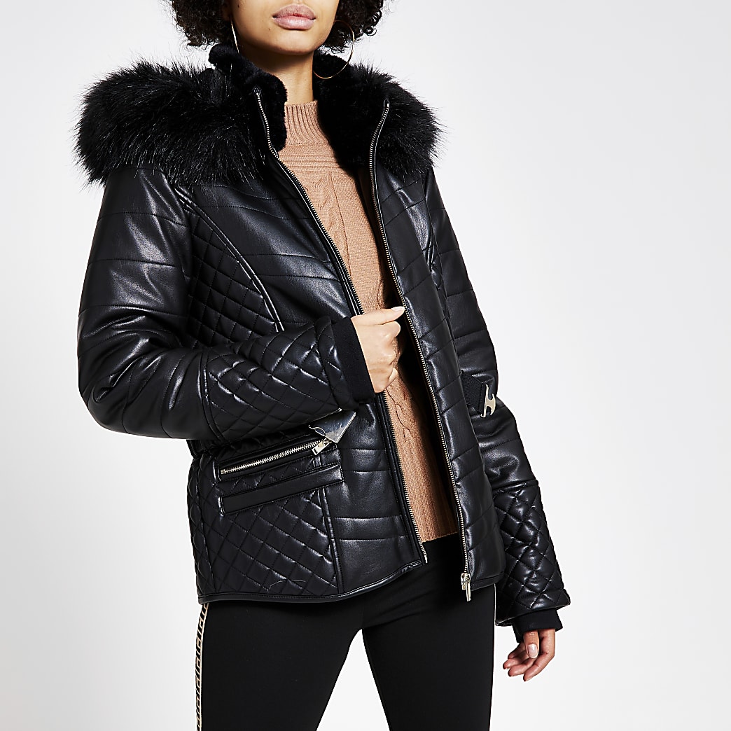 Black faux leather fitted padded jacket | River Island