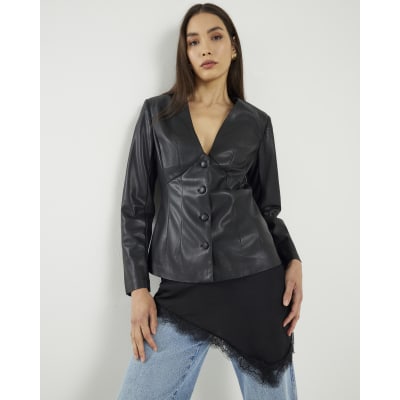 Black Faux Leather Fitted V Neck Top