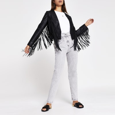 Plus Black Faux Leather Fringe Crop Jacket Pictures