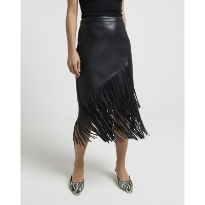 Black faux leather fringe midi skirt River Island