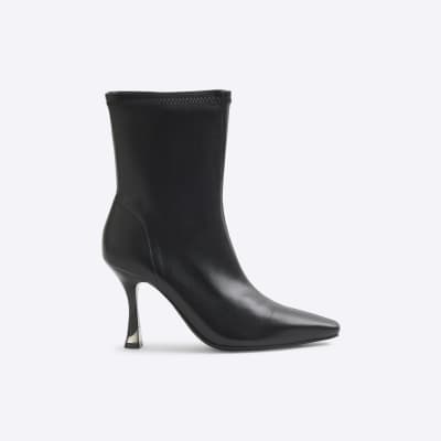 Black Faux Leather Heeled Sock Boots River Island